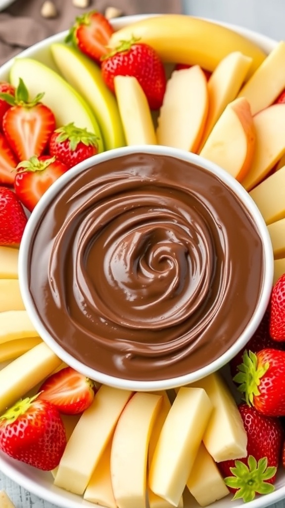 A bowl of chocolate dip surrounded by fresh fruits like strawberries, bananas, and blueberries.