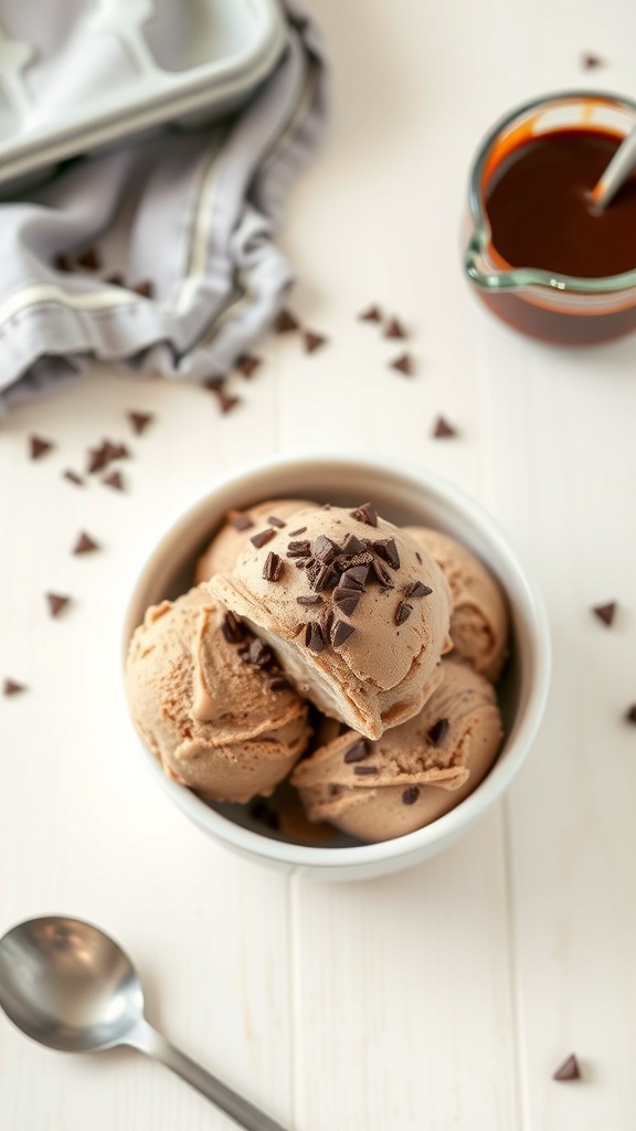 A bowl of chocolate protein ice cream topped with mint leaves and chocolate shavings.