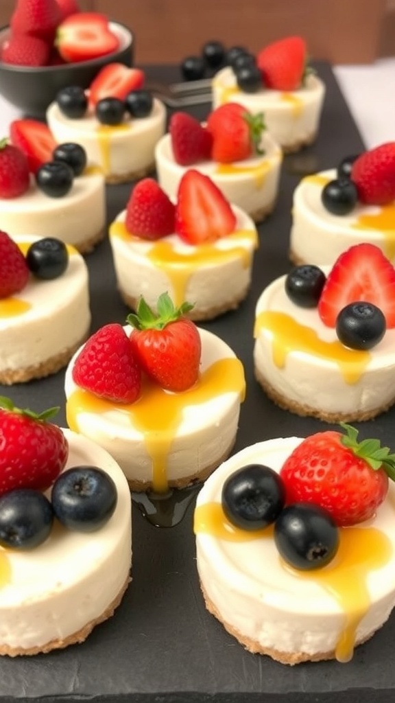 Delicious mini cheesecakes topped with fresh berries and caramel sauce on a slate platter
