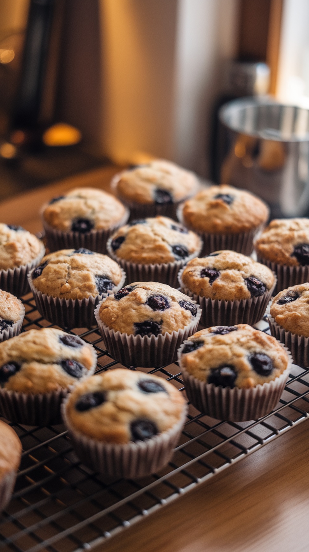 Freshly baked blueberry muffins cooling on a wire rack.