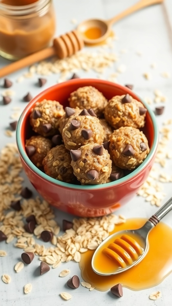 A bowl of no-bake energy bites surrounded by oats and chocolate chips.