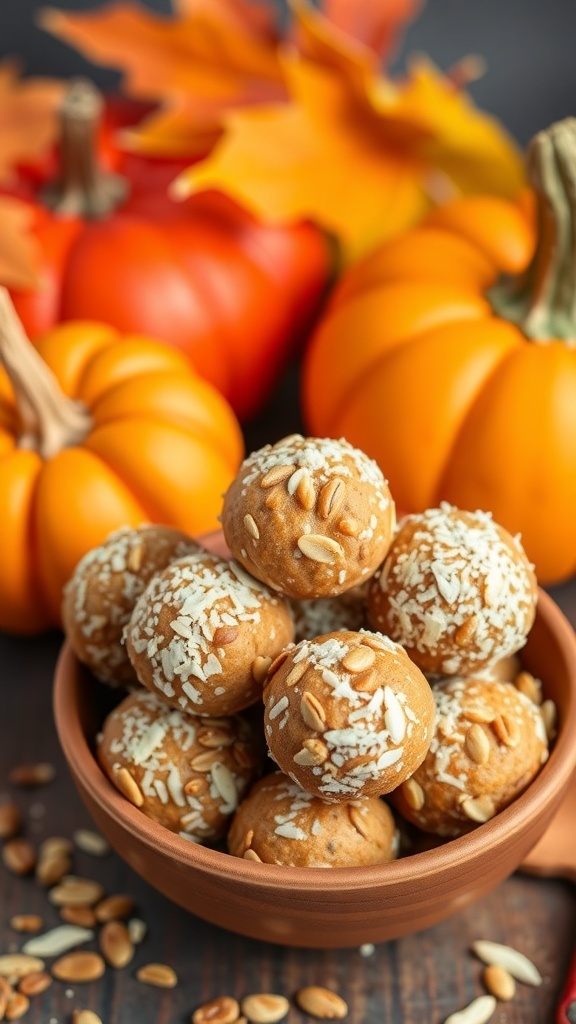 A bowl of pumpkin spice energy bites surrounded by pumpkins and autumn leaves.