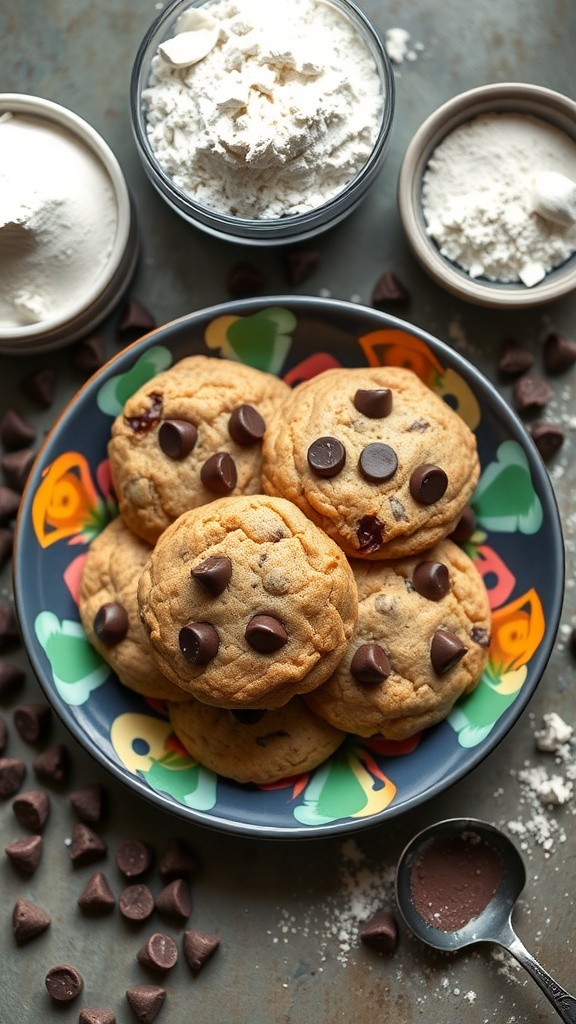 A plate of gluten-free chocolate chip cookies surrounded by flour and chocolate chips.