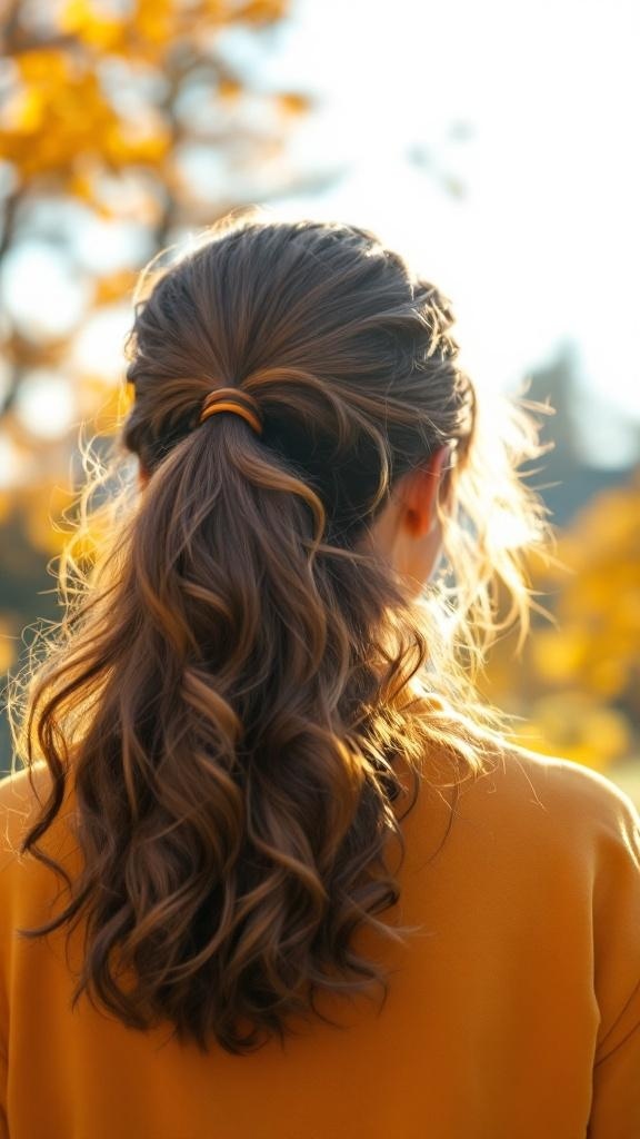 A woman with curly hair styled in a half-up ponytail, showcasing defined curls and a warm autumn background.