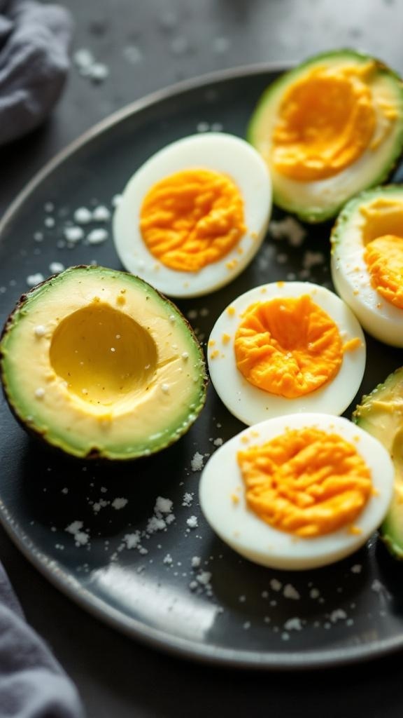 A plate with halved hard-boiled eggs and avocado halves, sprinkled with salt.
