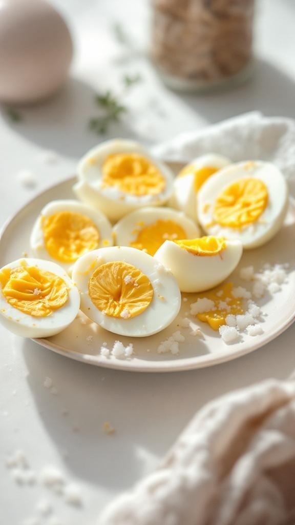 A plate of sliced hard-boiled eggs sprinkled with sea salt