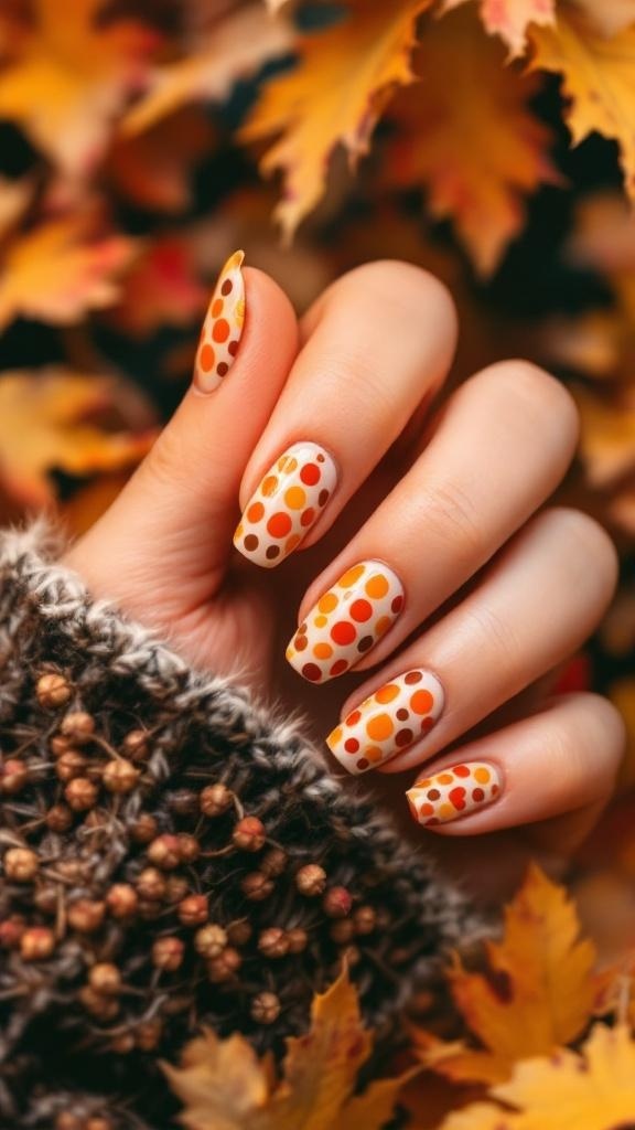 Nail art featuring colorful dots on a neutral background, surrounded by autumn leaves.