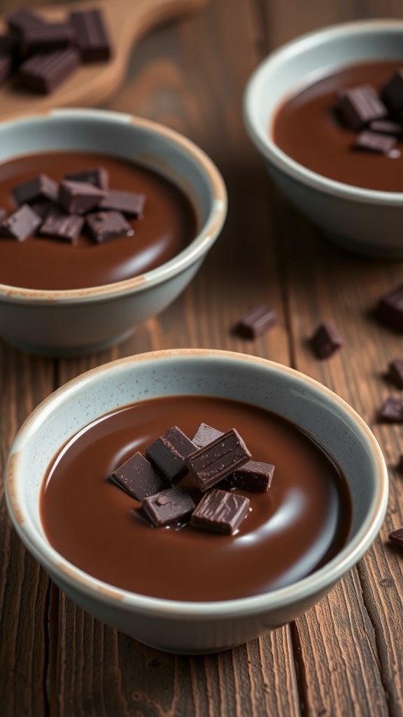 Three bowls of chocolate pudding topped with mint leaves and chocolate shavings on a wooden table.