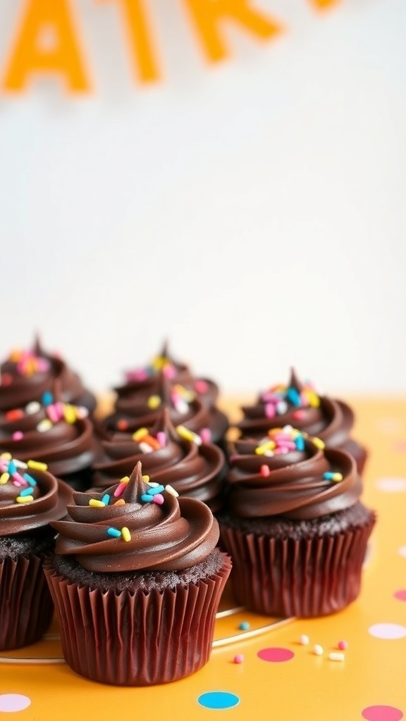 A close-up of chocolate cupcakes topped with chocolate frosting and colorful sprinkles.