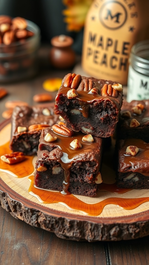 Delicious healthier maple pecan brownies drizzled with syrup and topped with pecans on a wooden platter.