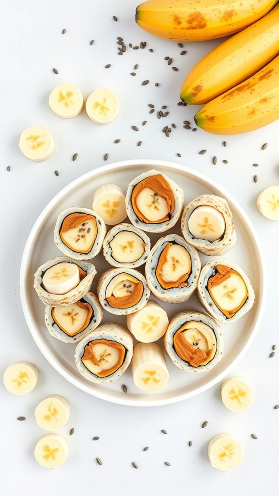 Healthy almond butter and banana sushi rolls on a plate with bananas and banana slices around.