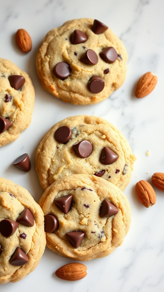 Healthy almond flour chocolate chip cookies with chocolate chips and almonds on a marble surface.