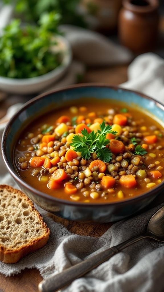 A bowl of hearty lentil soup with carrots and herbs, accompanied by a slice of bread.