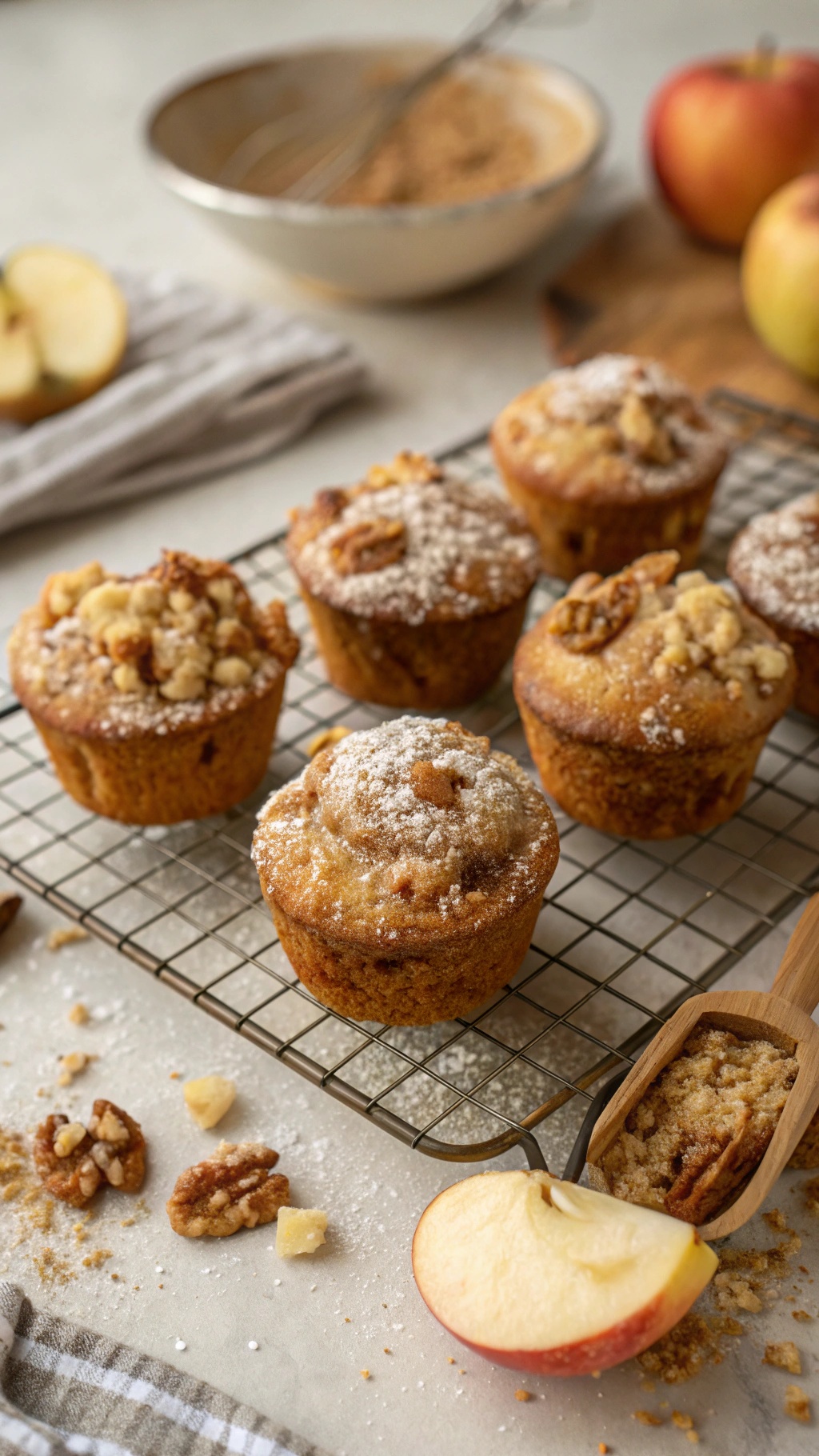 Healthy apple muffins with nuts on a cooling rack, surrounded by apple slices and chopped nuts.