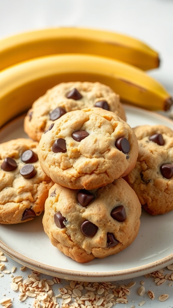 A plate of healthy banana chocolate chip cookies with bananas in the background.