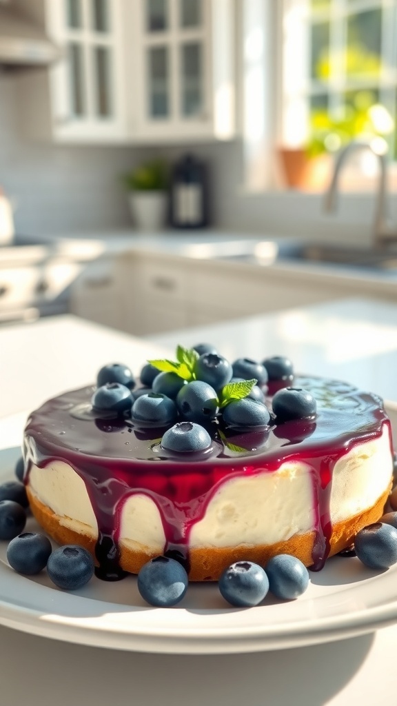 A healthy no-bake blueberry cheesecake topped with fresh blueberries and a glossy blueberry glaze, displayed on a white plate in a bright kitchen.