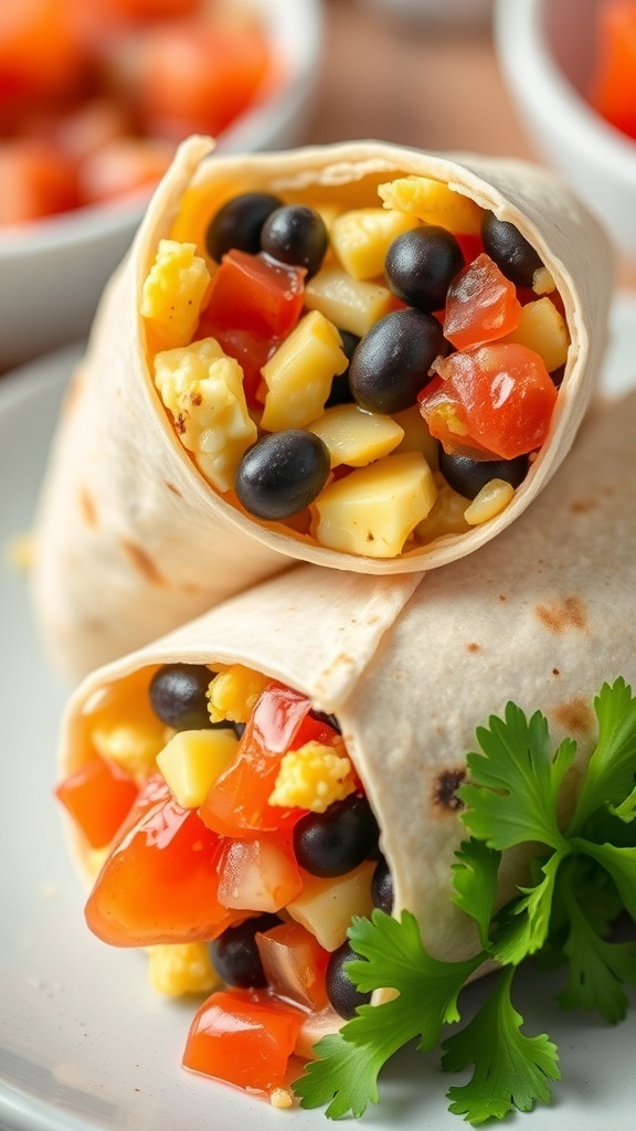 Two healthy breakfast burritos filled with black beans, tomatoes, and cheese, garnished with cilantro.
