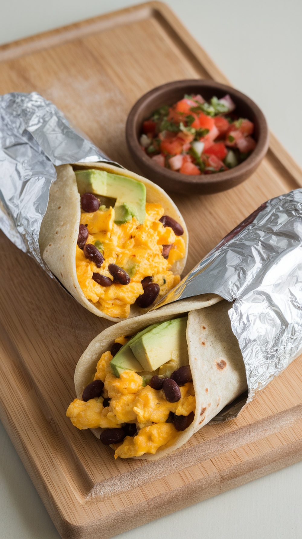 Two healthy breakfast burritos filled with scrambled eggs, black beans, and avocado, served with a side of fresh salsa.