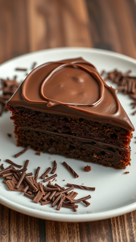 A slice of rich chocolate cake with frosting and chocolate shavings on a plate.