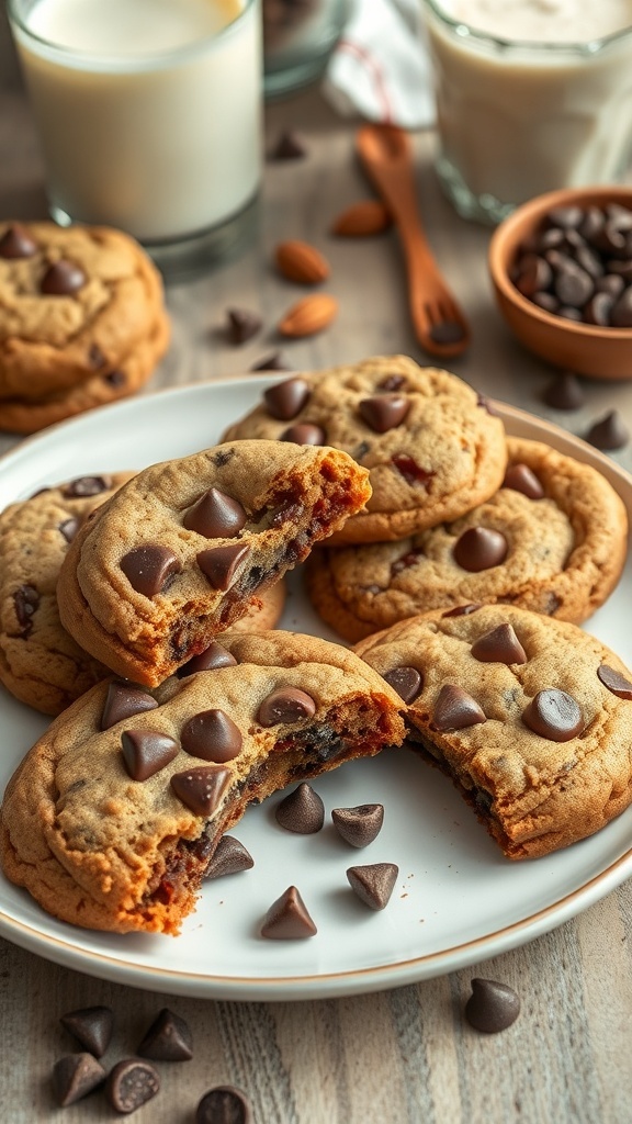 A plate of healthy chocolate chip cookies with a few broken open, surrounded by chocolate chips and glasses of milk.