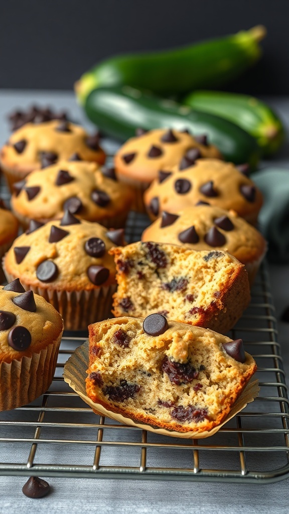 Healthy chocolate chip zucchini muffins on a cooling rack with zucchini in the background.