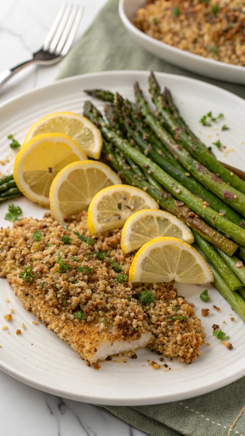 Quinoa-crusted tilapia served with asparagus and lemon slices
