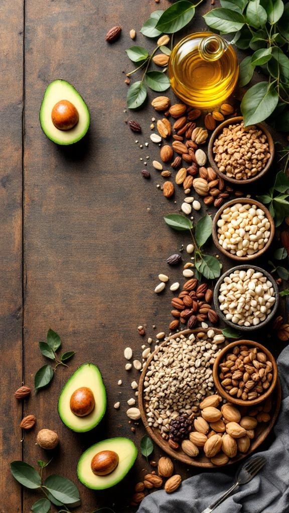A variety of healthy fats including avocados, nuts, and olive oil displayed on a wooden surface.