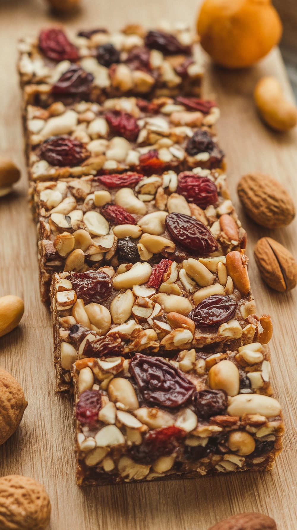 Healthy fruit and nut energy bars on a wooden surface