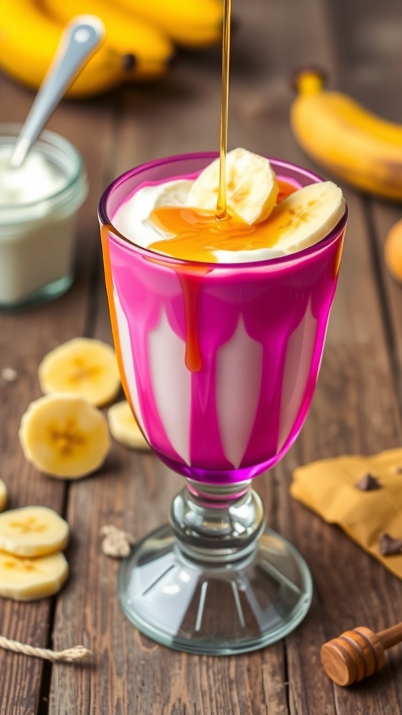 A colorful glass filled with Greek yogurt banana pudding, topped with banana slices and honey, surrounded by fresh bananas.