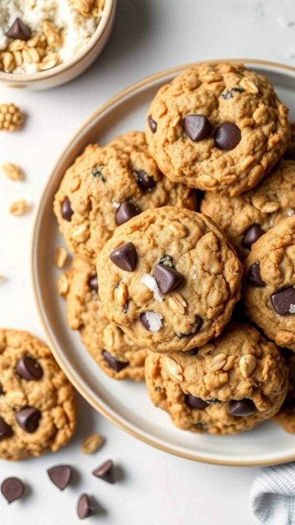 A plate of healthy oatmeal vegan chocolate chip cookies with chocolate chips and oats scattered around.