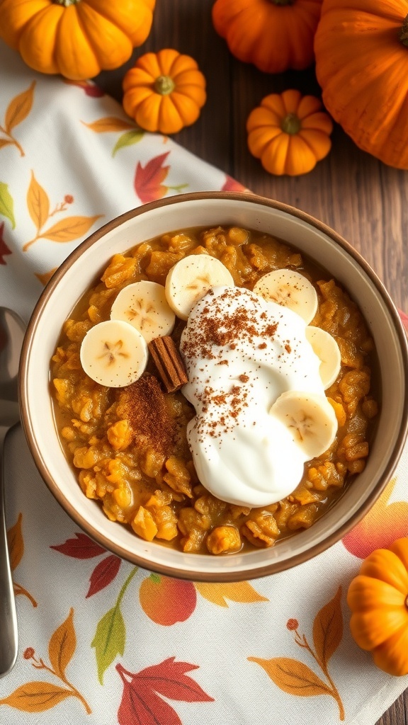 A bowl of pumpkin pie oatmeal topped with banana slices and yogurt, surrounded by small pumpkins.