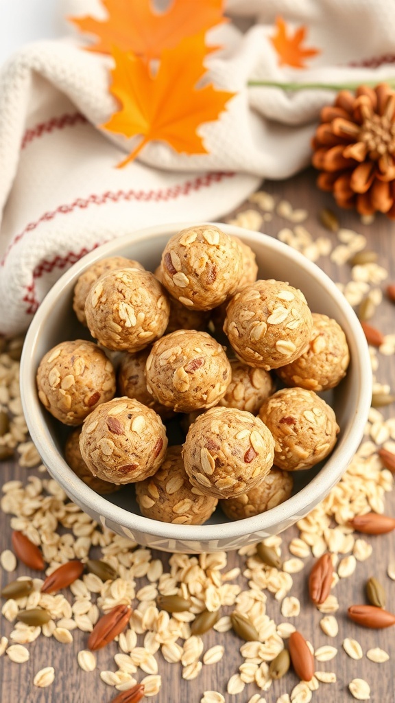 A bowl of healthy pumpkin spice energy bites surrounded by oats and pumpkin seeds, perfect for fall.