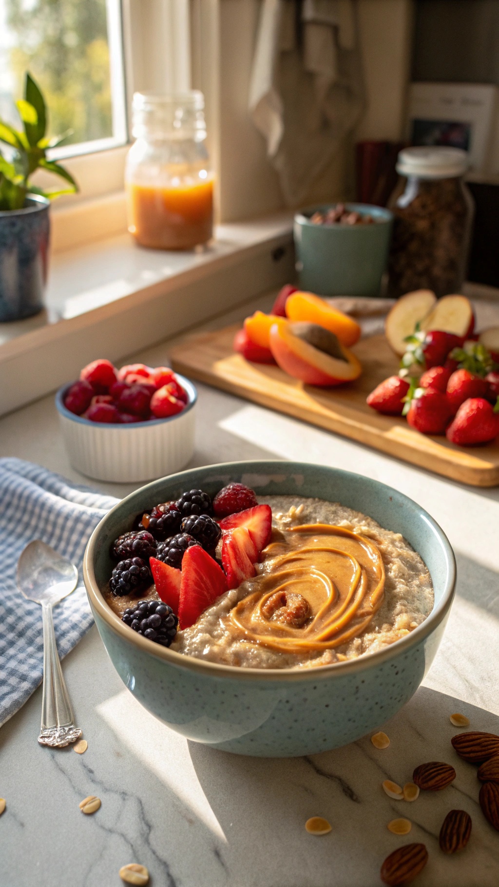 A bowl of overnight oats topped with almond butter and fresh berries, with a cozy kitchen background.