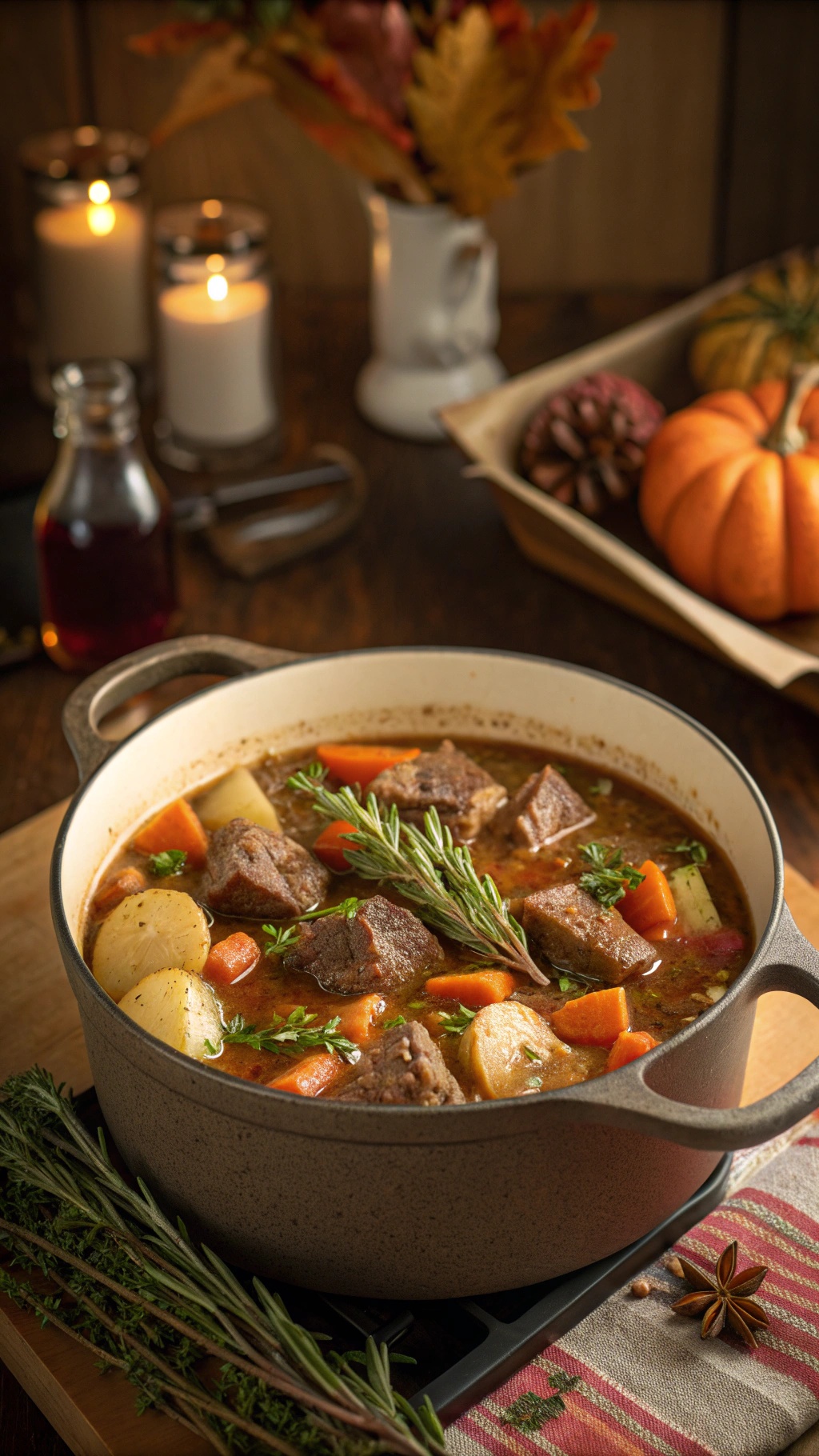 A pot of hearty beef stew with vegetables, surrounded by autumn decor.