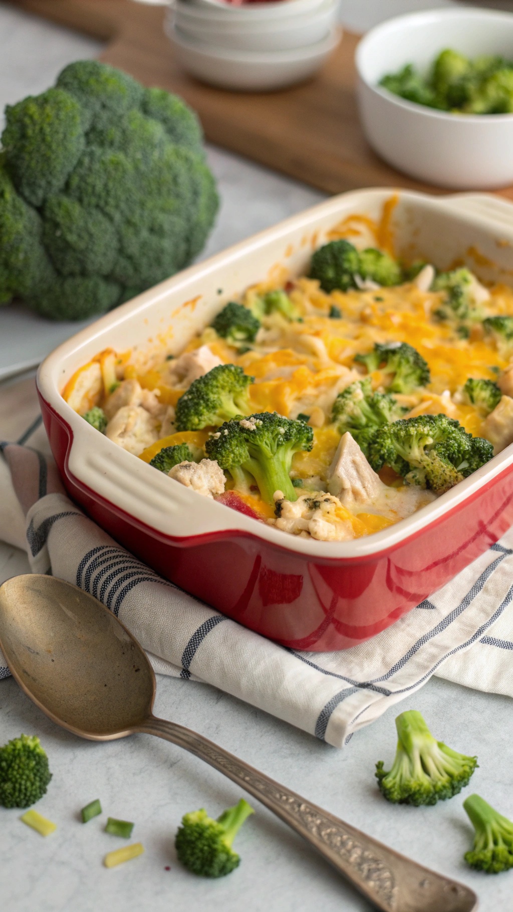 A delicious chicken and broccoli casserole in a red baking dish, topped with melted cheese and surrounded by fresh broccoli.