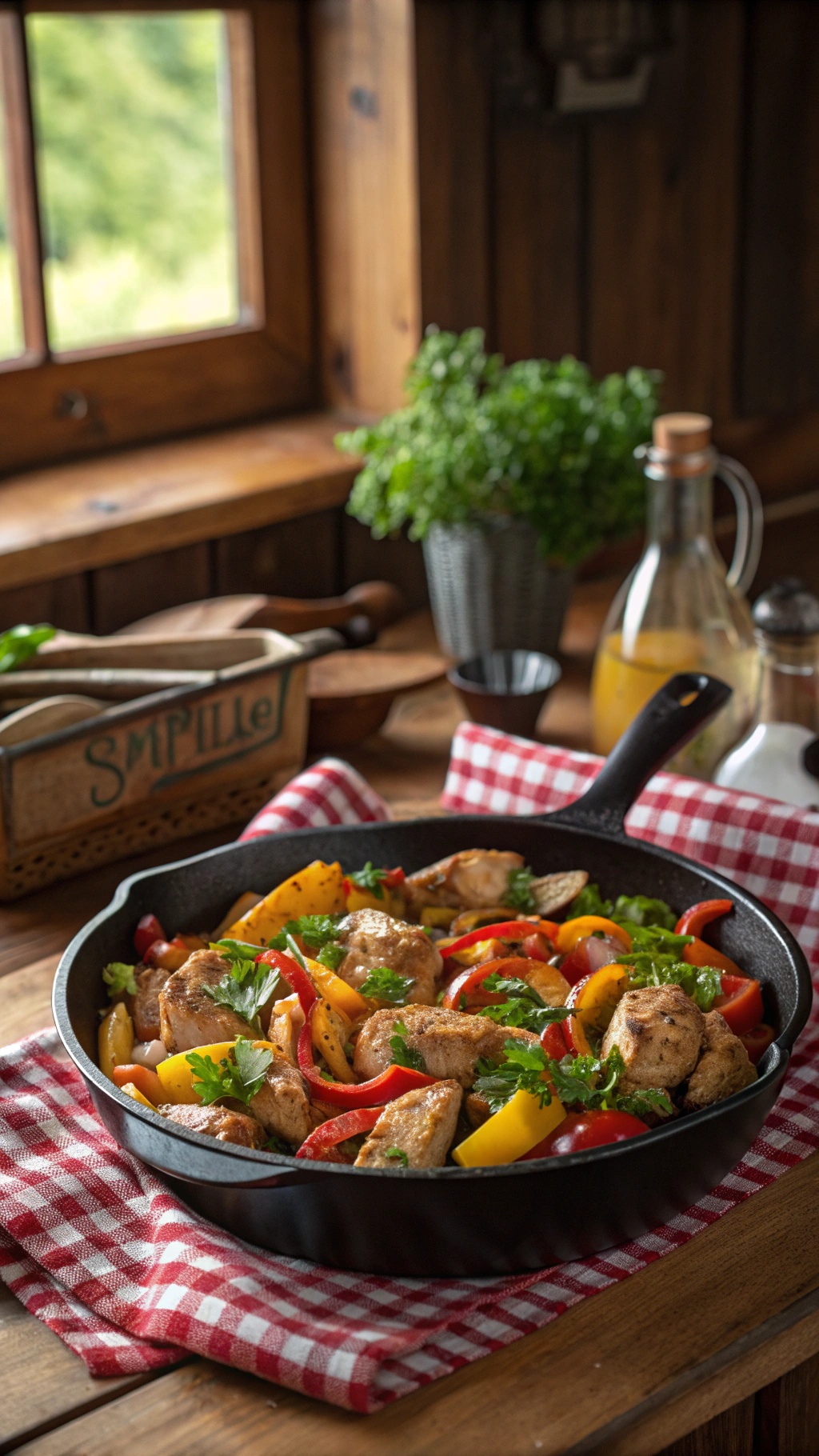 A colorful chicken and vegetable skillet with bell peppers and parsley on a checkered cloth.