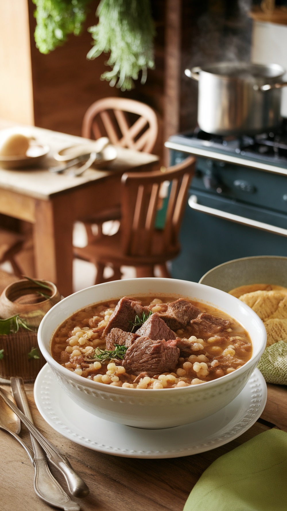 A bowl of hearty beef and barley soup with chunks of beef and barley