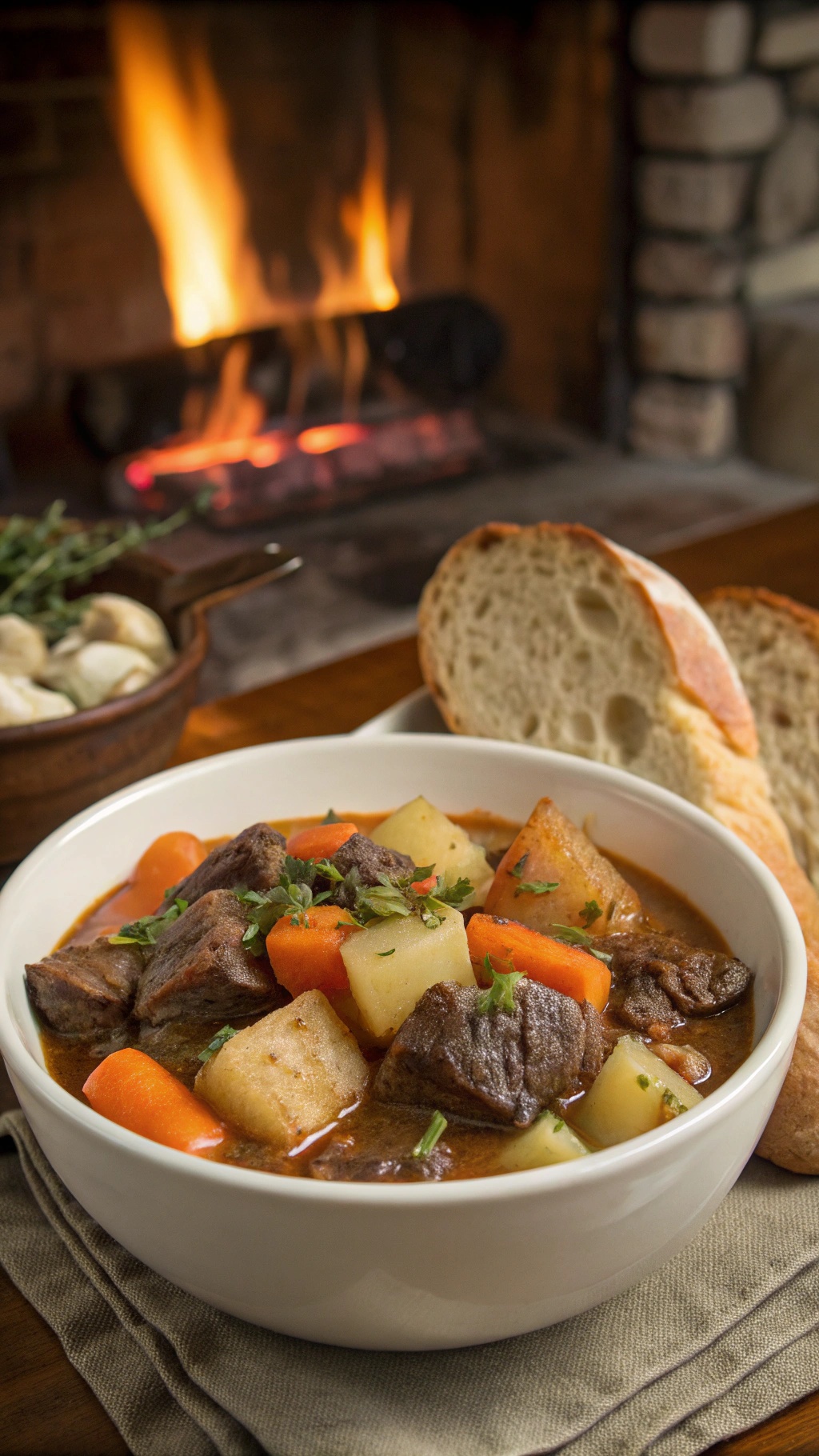 A bowl of hearty beef stew with vegetables, served with bread, in front of a fireplace.