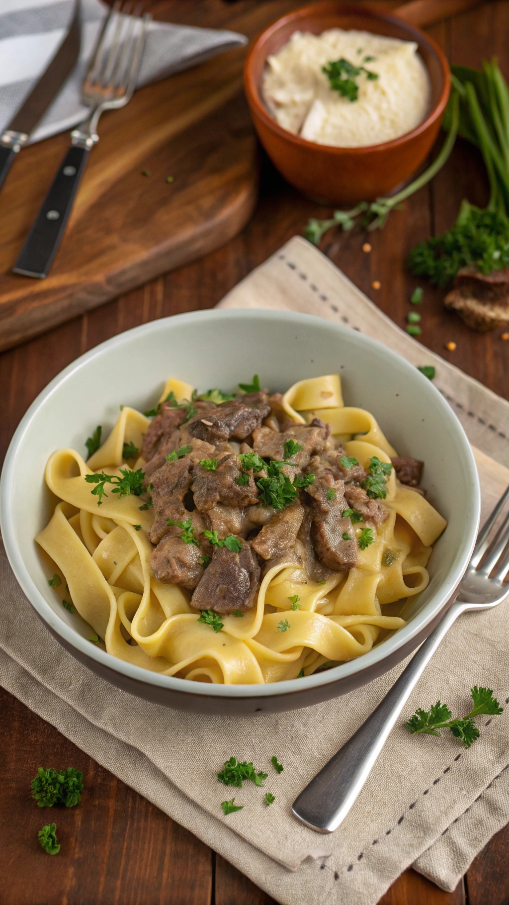 A bowl of beef stroganoff served over egg noodles, garnished with parsley.