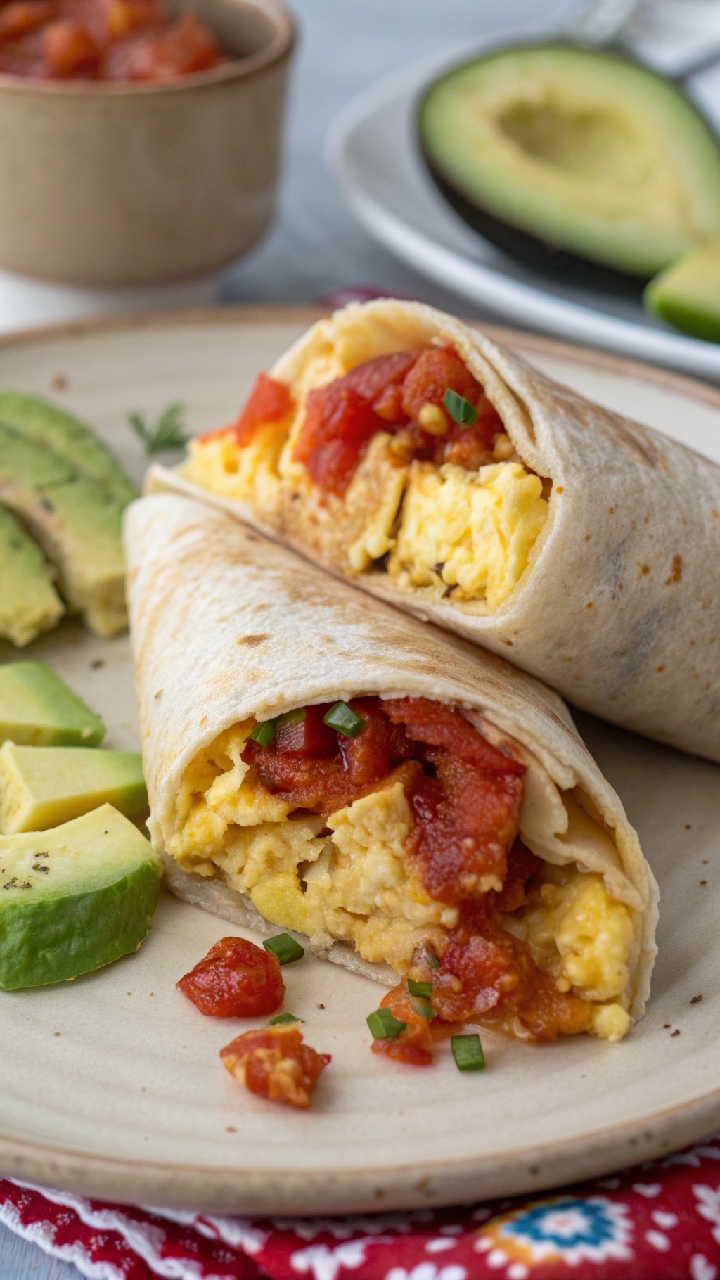 A plate of hearty breakfast burritos with avocado slices and salsa.