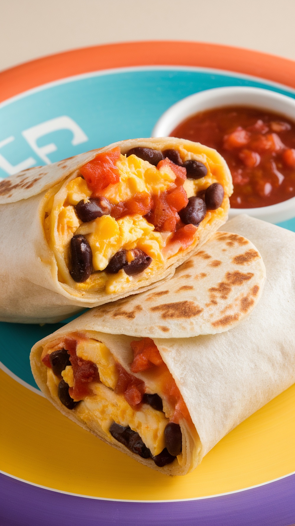 Hearty breakfast burritos filled with eggs, black beans, and tomatoes, served with salsa.