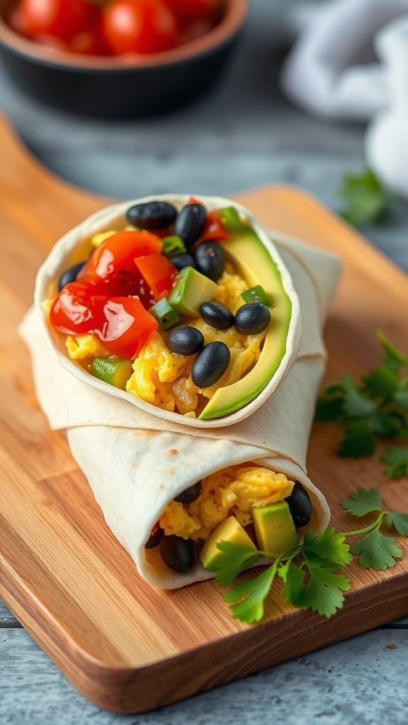 Two hearty breakfast burritos filled with scrambled eggs, black beans, tomatoes, and avocado on a wooden cutting board.