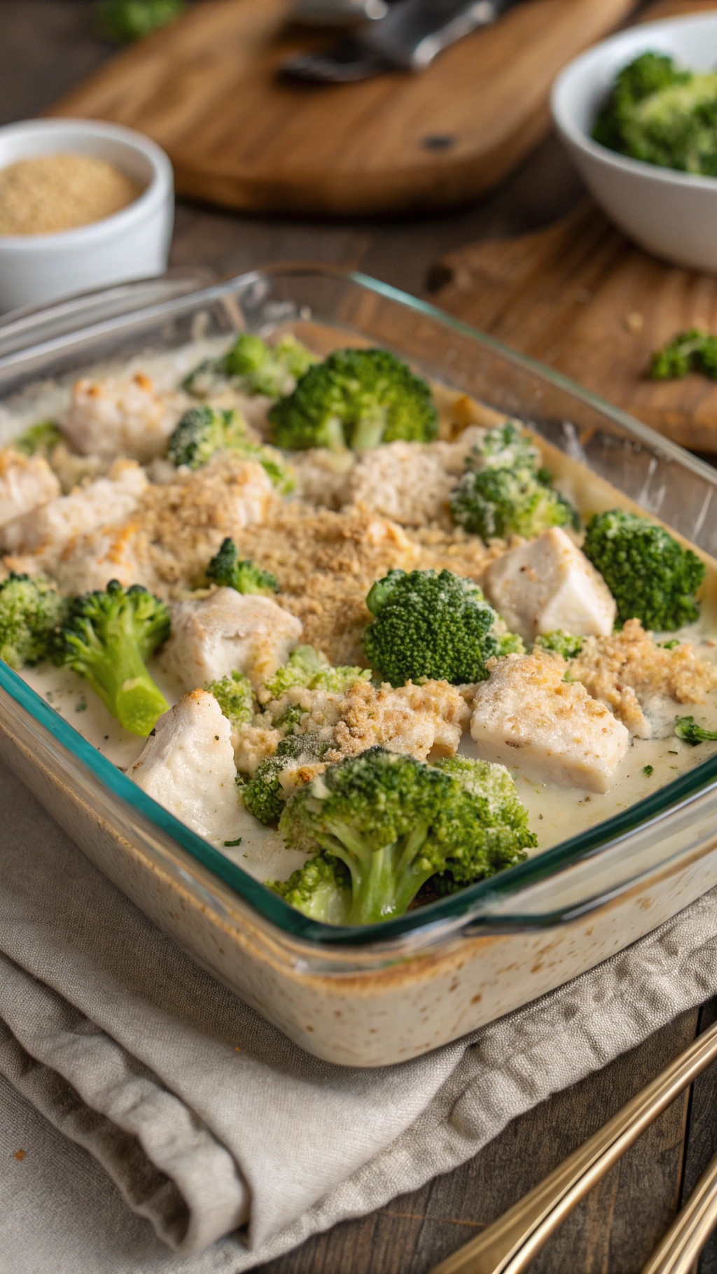 A hearty chicken and broccoli bake in a glass dish, topped with breadcrumbs and cheese.
