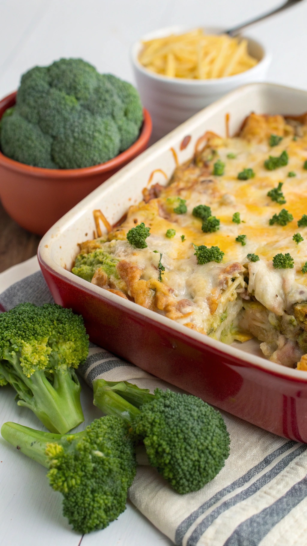 A hearty chicken and broccoli casserole topped with melted cheese, served with fresh broccoli on the side.