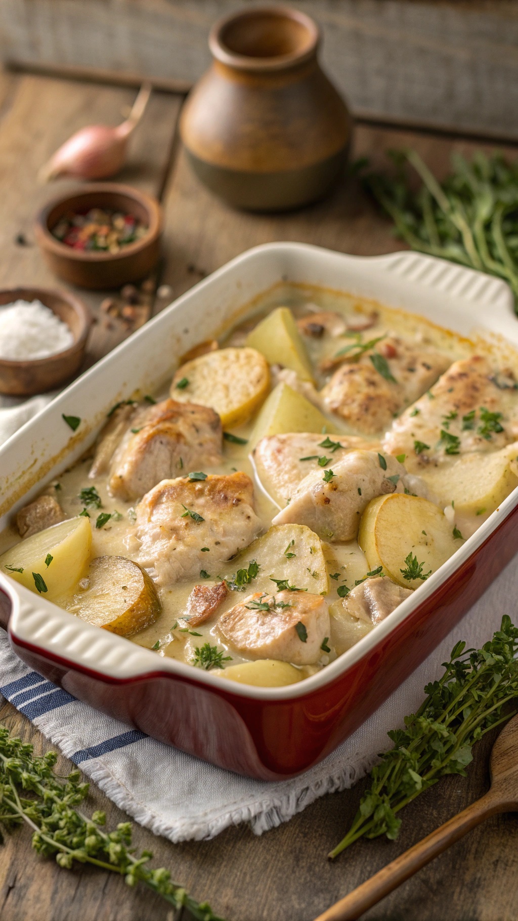 A hearty chicken and potato casserole in a red baking dish, garnished with fresh herbs.