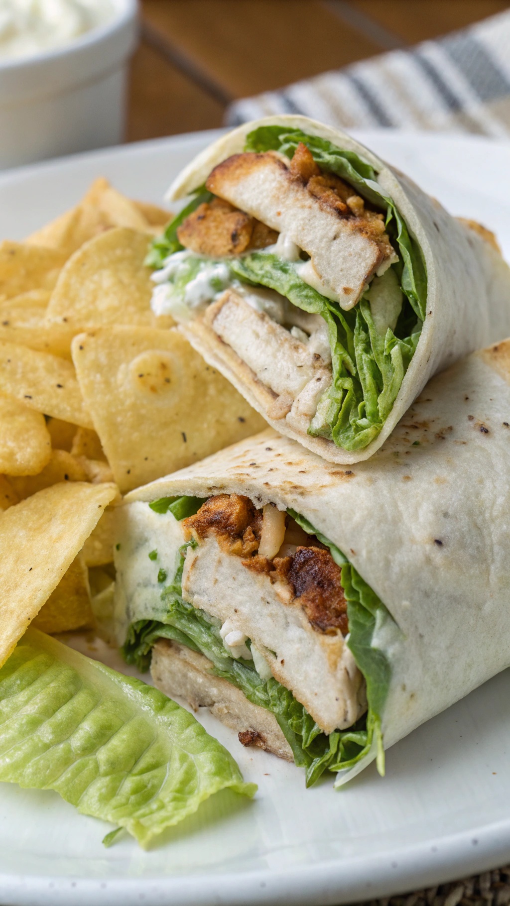 Hearty Chicken Caesar Wraps with tortilla chips on the side