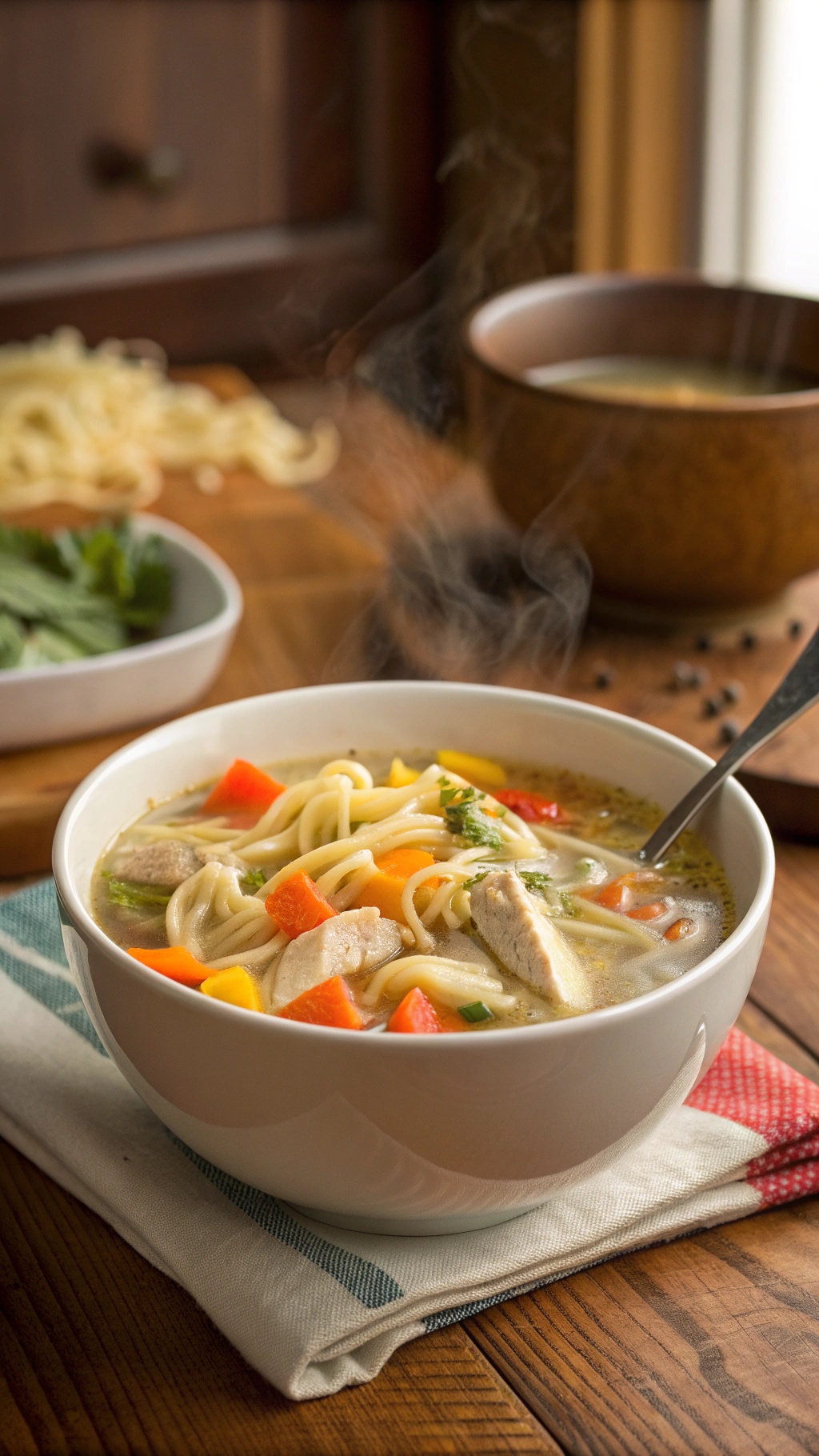 A warm bowl of chicken noodle soup with colorful vegetables and noodles.