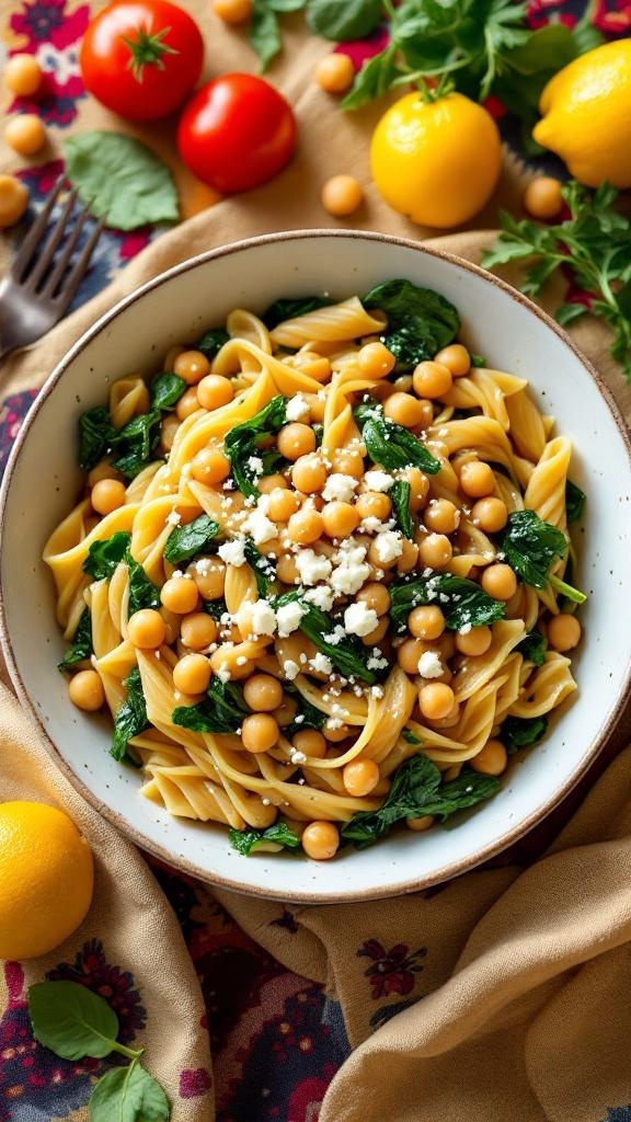 A bowl of hearty chickpea and spinach pasta with lemon and fresh ingredients.