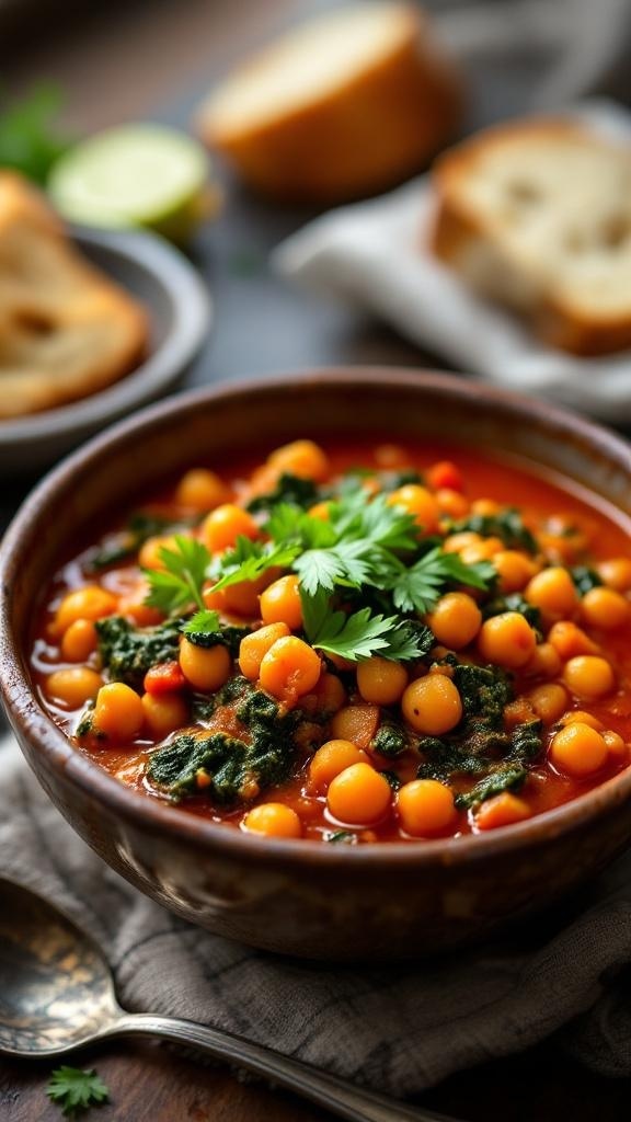 A bowl of hearty chickpea and spinach stew garnished with fresh herbs