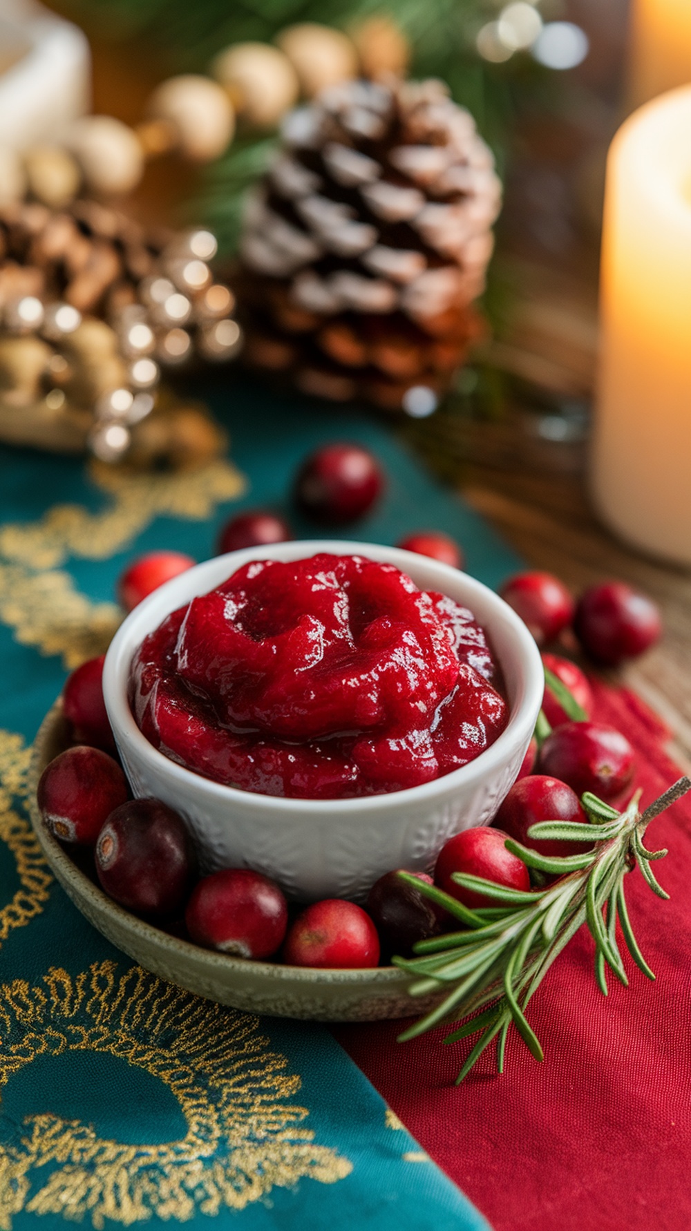 A bowl of cranberry sauce garnished with fresh cranberries and rosemary, surrounded by pinecones and festive decor.